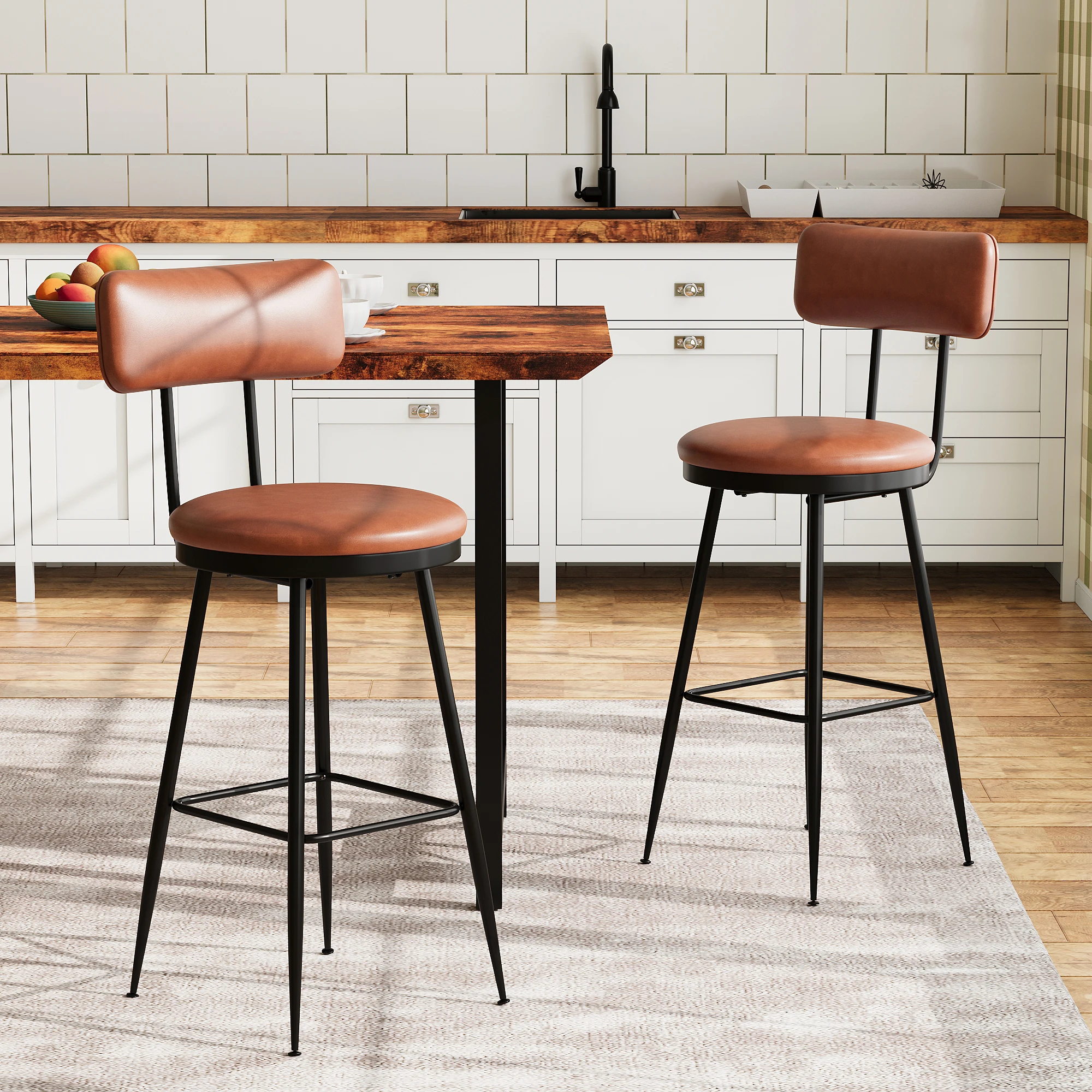 UrbanLuxe Barhocker (2er-Set) mit Rückenlehne, Metallgestell, Esszimmerstuhl, Küchenstuhl, PU-Leder, Braun