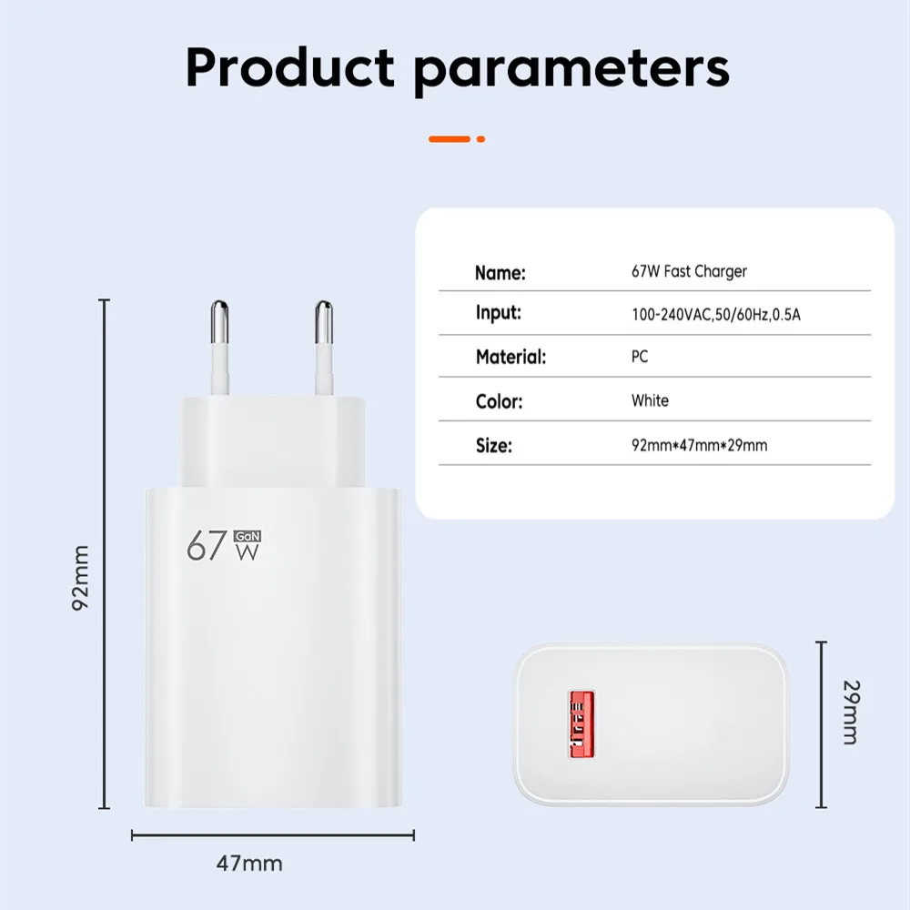 Cargador de carga rápida de 67W, carga rápida para dispositivos inteligentes, Cable USB tipo C de alta velocidad, enchufe para UE/EE. UU./Reino Unido, adaptador de pared