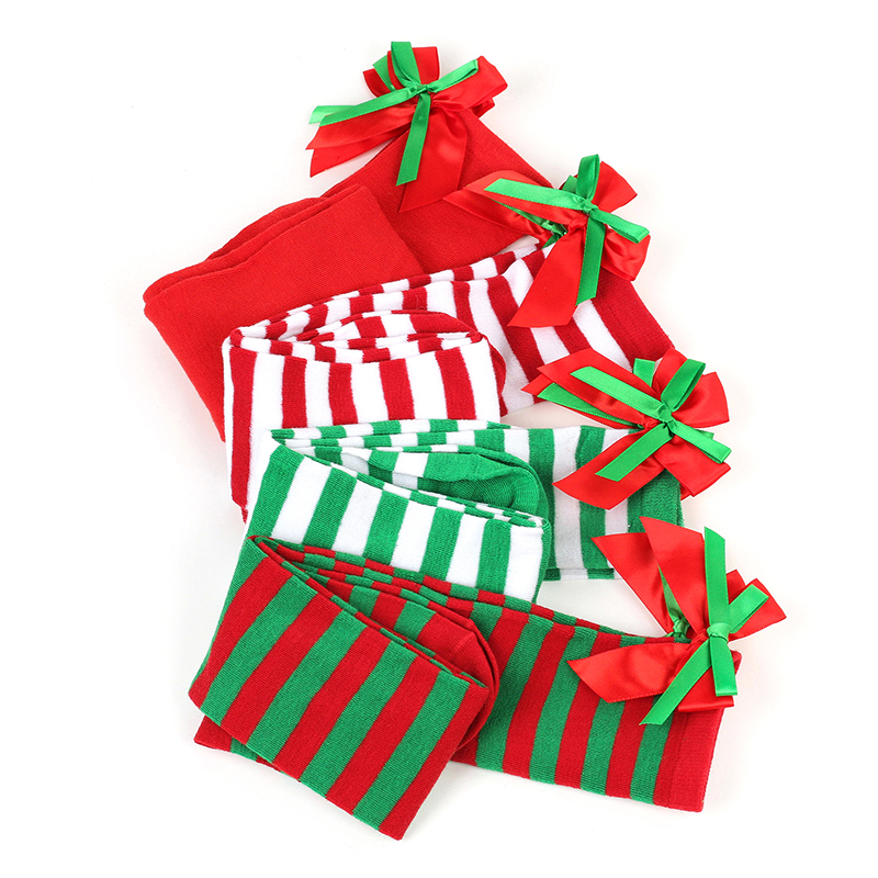 Bas longs rayés pour filles, chaussettes hautes, ornements de Noël, décorations de Noël