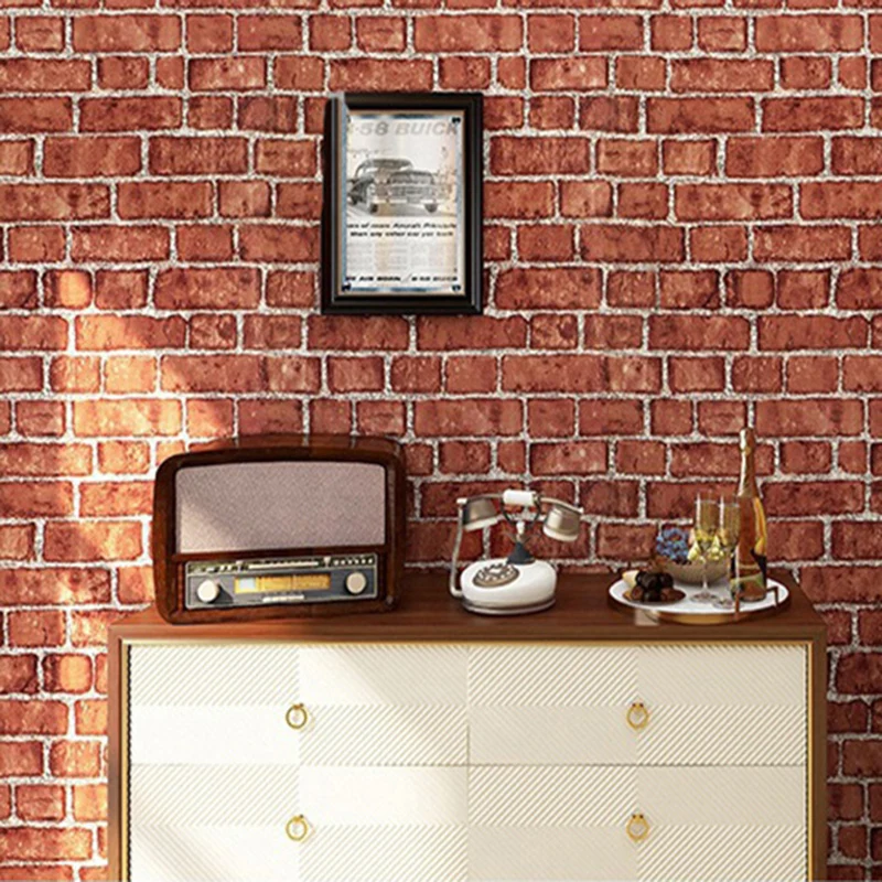 สติ๊กเกอร์ติดผนังกันน้ํา PVC ตกแต่งบ้านโมเดิร์น Retro สีแดงสีน้ําตาลอิฐรูปแบบ Self-กาววอลล์เปเปอร์ DIY 45 ซม.พื้นหลัง