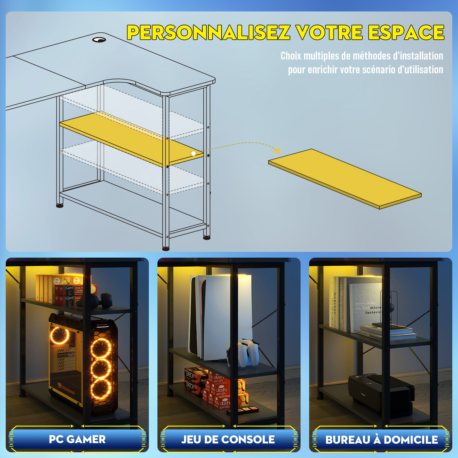 COMHOMA Bureau Gaming avec Étagère, Bureau Angle en Forme de L 100cm, Table Ordinateur pour Bureau et Maison