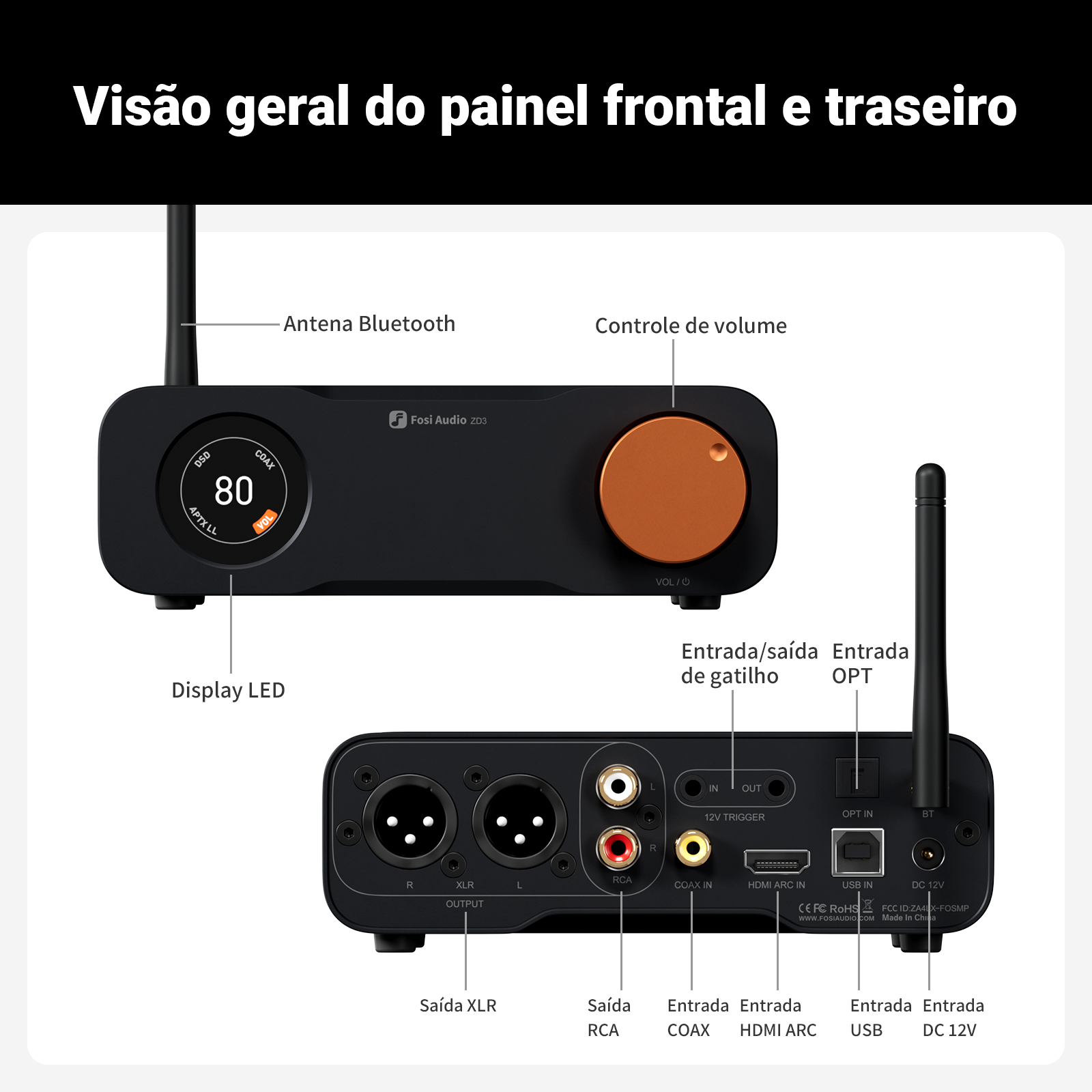 Fosi Audio ZD3 Bluetooth USB Desktop DAC ARC Entrada, ES9039Q2M Decodificador digital totalmente balanceado para amplificador estéreo com controle remoto