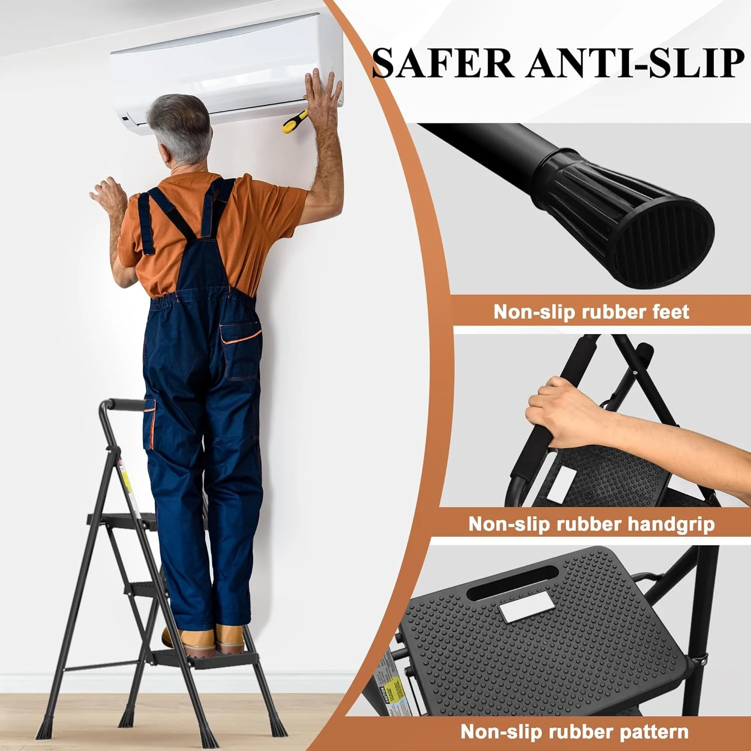 3 Step Ladder, Folding Step Stool with Wide Anti-Slip Pedal, Sturdy Steel Ladder, Convenient Handrail