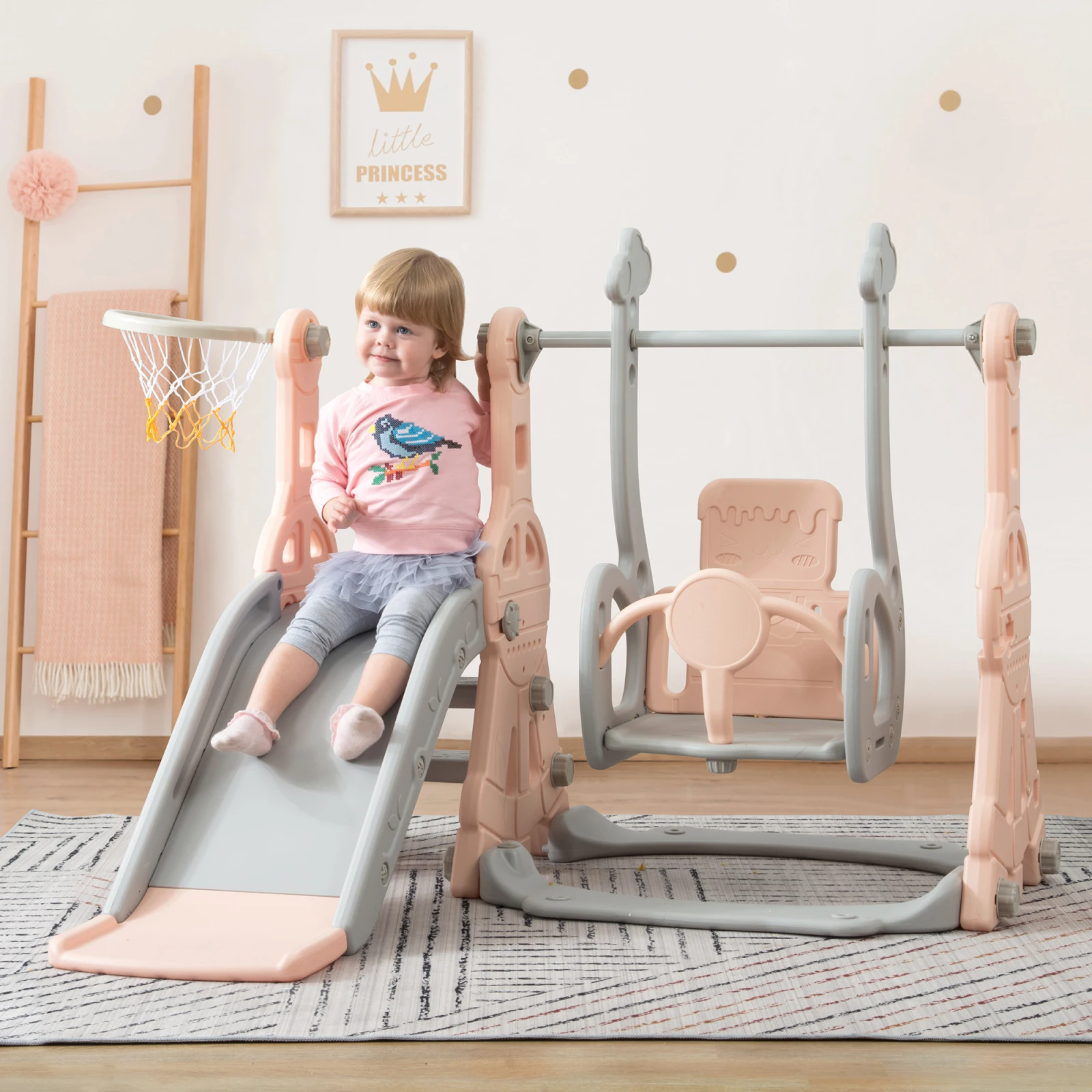 Rosahqnda Scivolo per bambini, 4 in 1, altalena + supporto da basket + scala, adatto per 1~3 anni, scivolo per interni ed esterni
