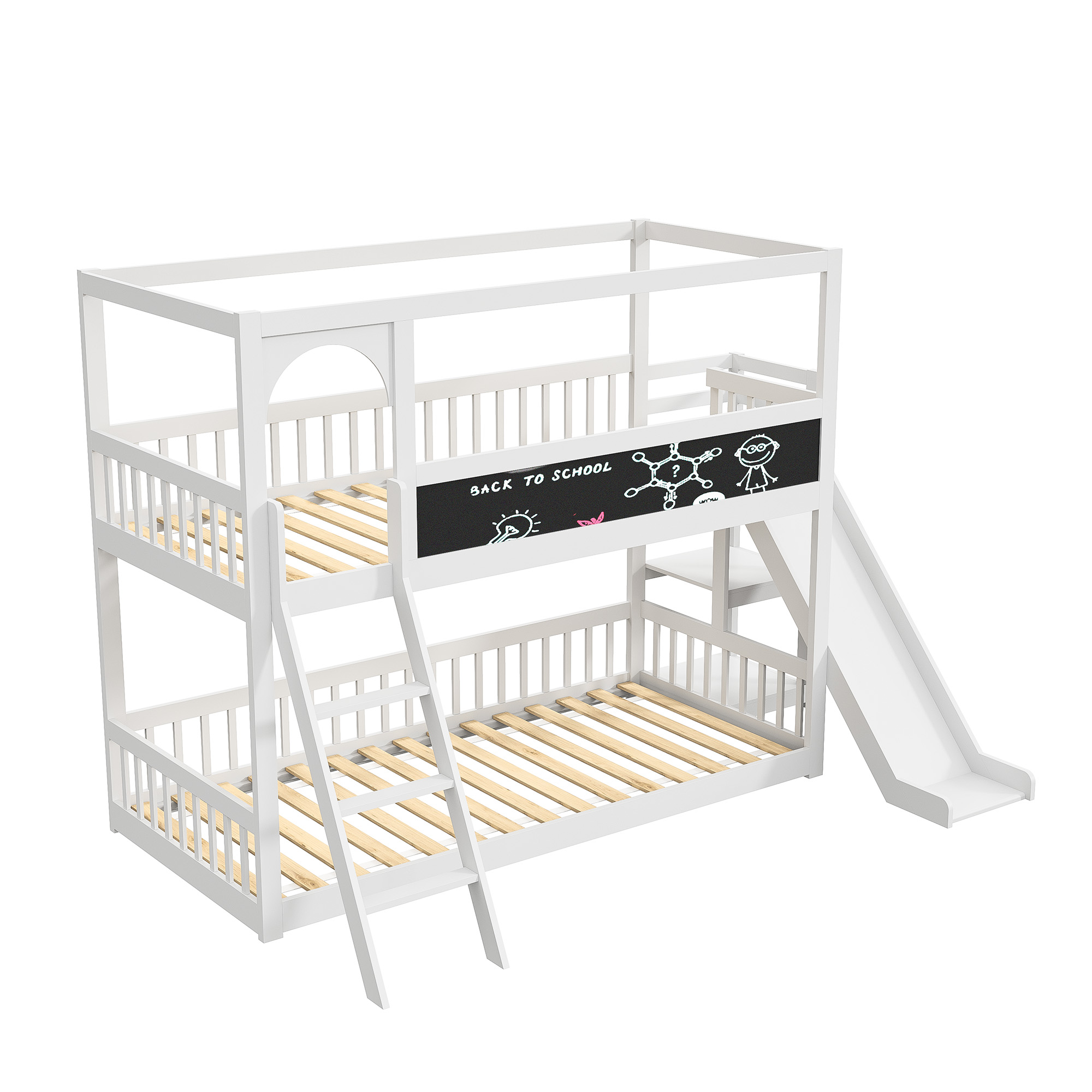 Marco de cama para niños con escaleras y toboganes, litera con pizarra, madera maciza, protección contra caídas, 90x200cm