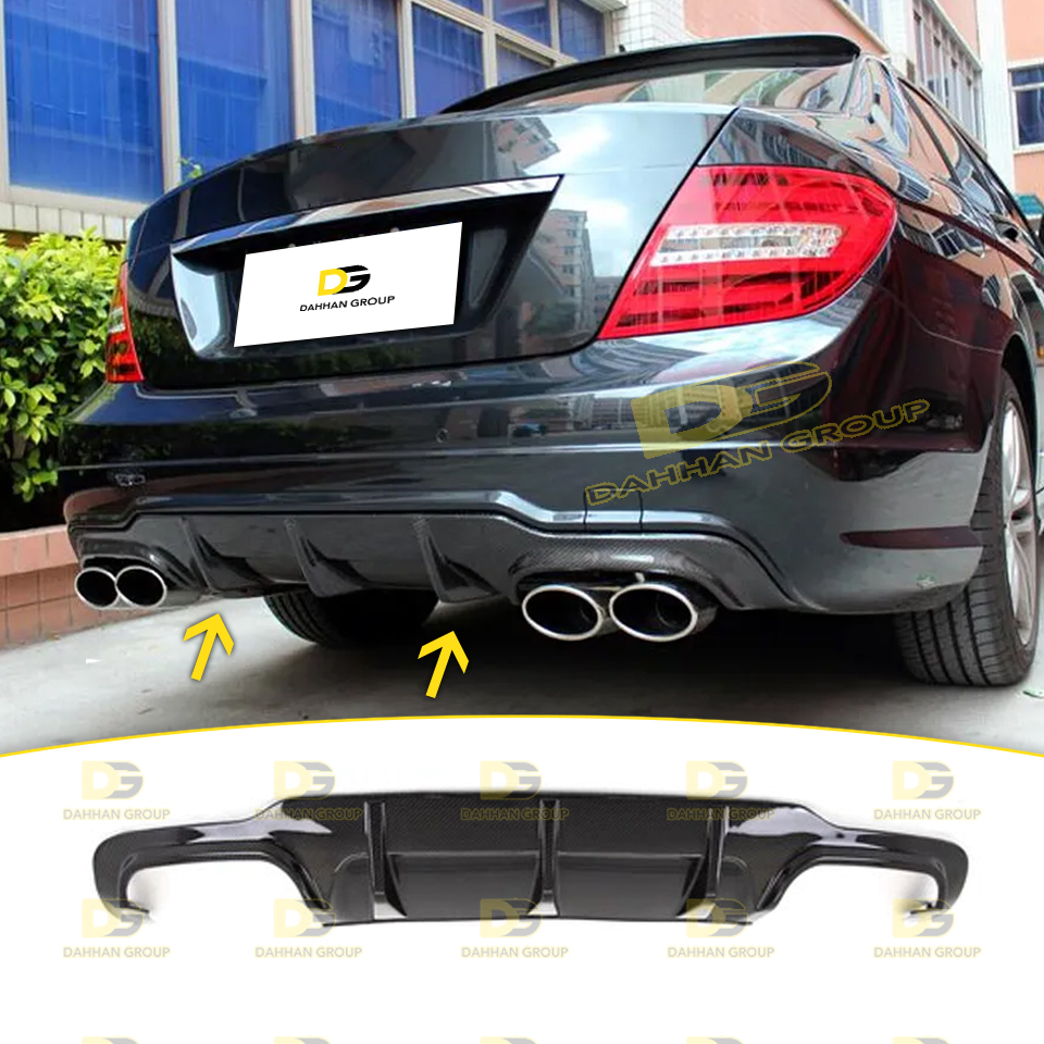 Merc. C Class W204 Facelift 2011 - 2014 AMG Model Rear Diffuser Left and Right Double Outputs Piano Gloss Black Surface Plastic