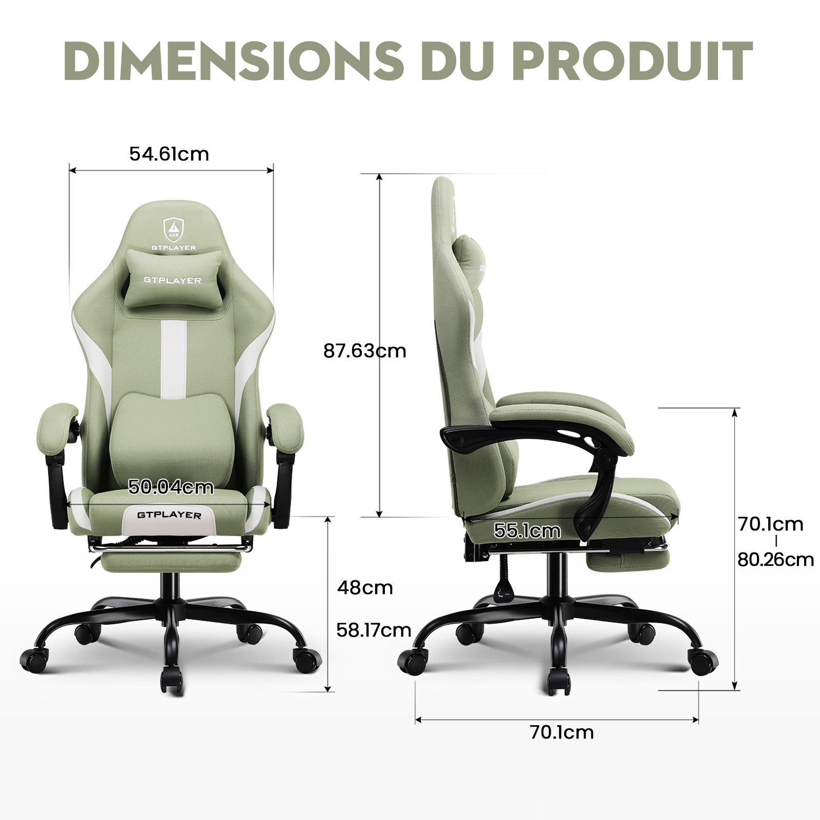 Chaise de jeu GTPLAYER, chaise de jeu, chaise de bureau respirante en tissu de haute qualité, chaise PC ergonomique, chaise de bureau réglable et rotative avec repose-pieds
