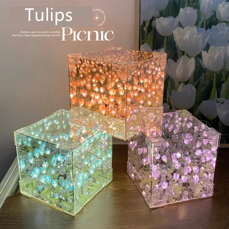Paquete de Material de mar de flor de tulipán DIY, luz nocturna, cubo mágico, espejo, atmósfera, luz nocturna, Festival transparente octogonal