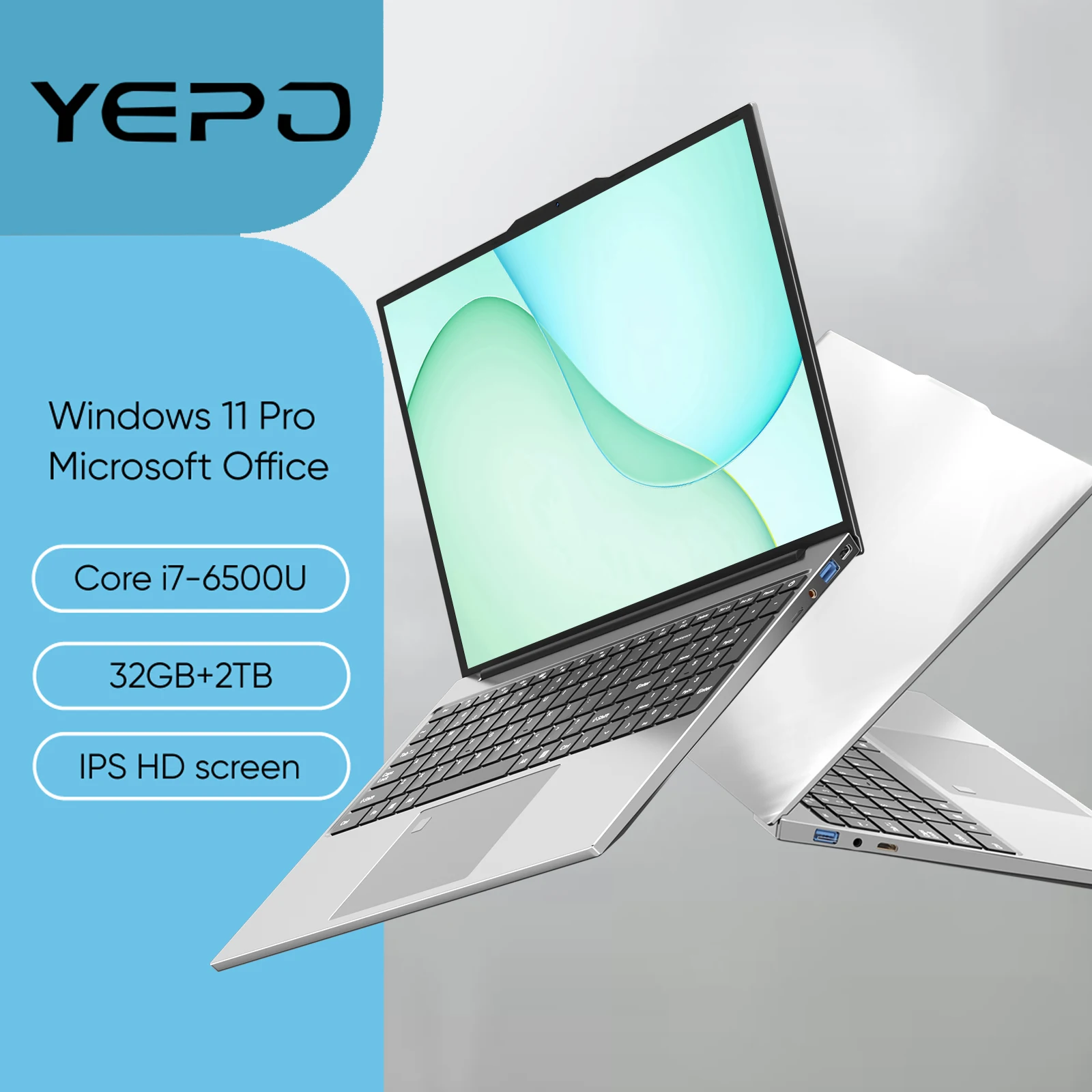 YEPO 15,6-дюймовый ноутбук Intel Core i7-6500U 32 ГБ ОЗУ 2048 ГБ SSD-ПЗУ 5000 мАч Windows 11 Pro игровой ноутбук офисный учебный ПК