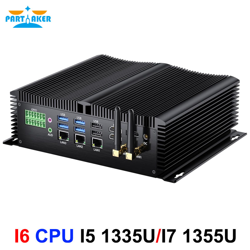 Partaker Fanless Industrial Mini PC Intel i7 1355U i5 1335U 3x2.5G LAN 2xDDR5 PCIe4.0 8xCOM GPIO SATA Firewall NAS Computer