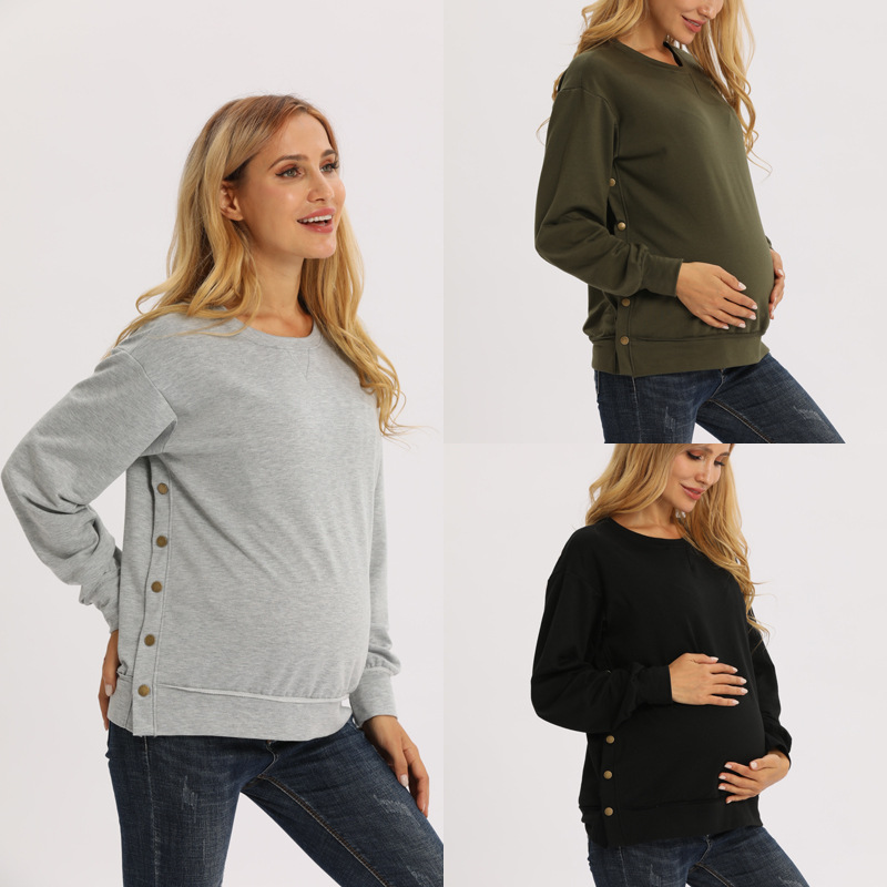 Ropa de maternidad para mujeres embarazadas, Blusa de manga larga, suéter de cuello redondo liso, Top de postparto, Otoño e Invierno