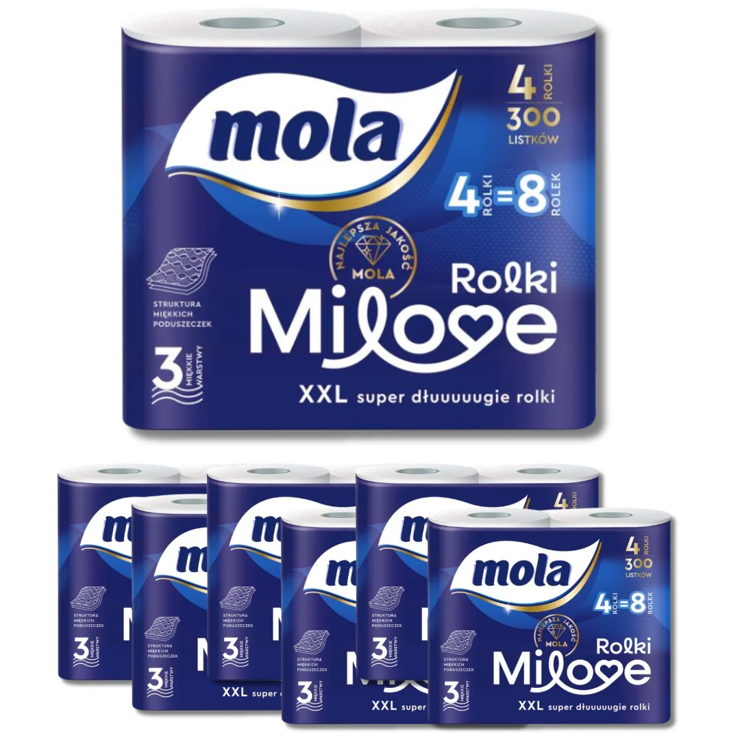 Papier toaletowy 3 warstwowy Mola Milove 4 sztuki (300 listków) x 7 opakowań