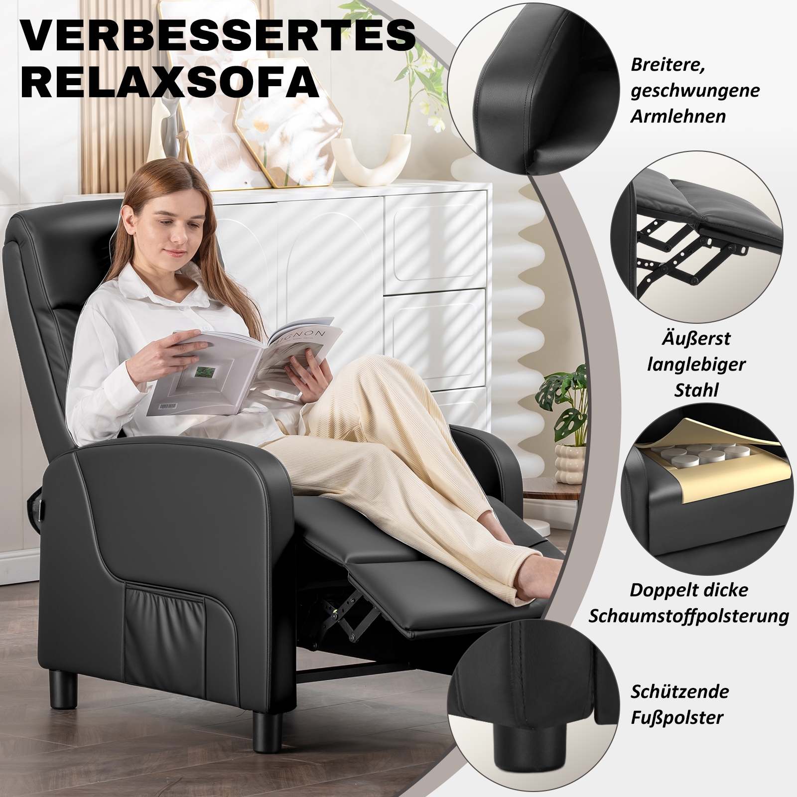 COMHOMA-Poltrona Relax com Encosto Ajustável, Almofadas de Penas com Apoio para os Pés, Lounge Individual, TV, Casa, Até 160 °