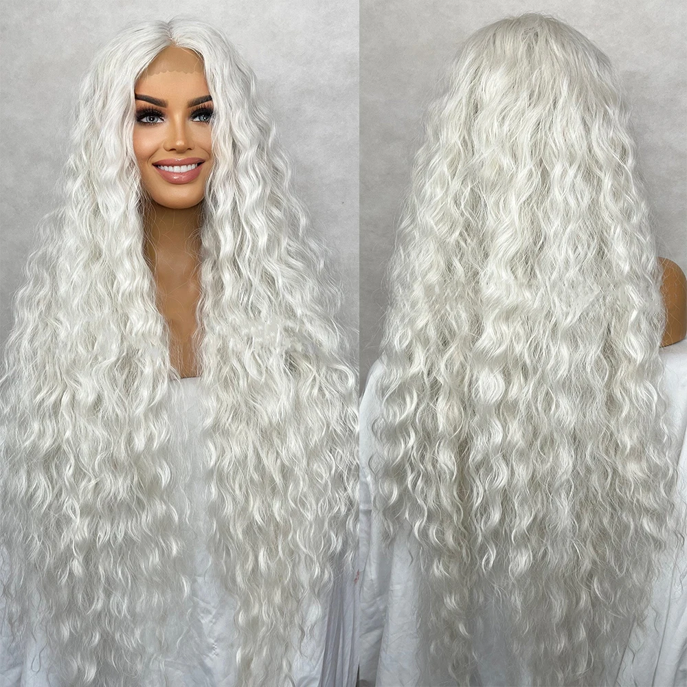 Long Wavy Curly Wig, Lace Front Center Part, Ice White Platinum Blonde Cabelo Humano, Fibras Sintéticas Misturado, Resistente ao Calor, 36"