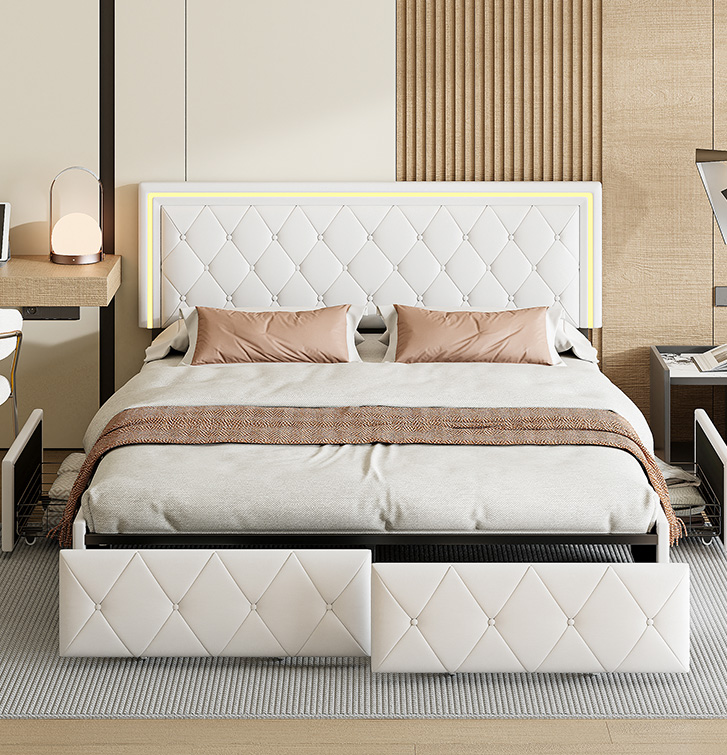 Rosahqnda Lit moderne en simili cuir avec tiroirs, lit double élégant en simili cuir avec rangement, sans matelas