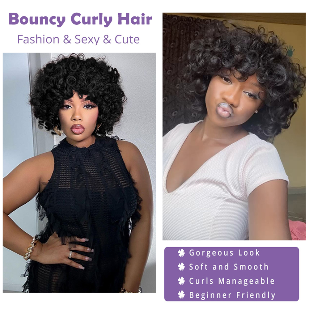 Afro Rose bouclés Funmi perruques avec Bang court rebondissant bouclés Bob perruque avec frange fait à la Machine Rose Curl perruque de cheveux humains pour les femmes noires