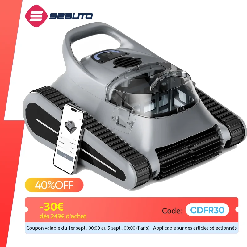 (2025 Nouveau) Aspirateur robot sans fil Seauto Crab Pro, pour piscines creusées jusqu'à 2000 pieds carrés, aspirateur de nettoyage tout et ligne d'eau