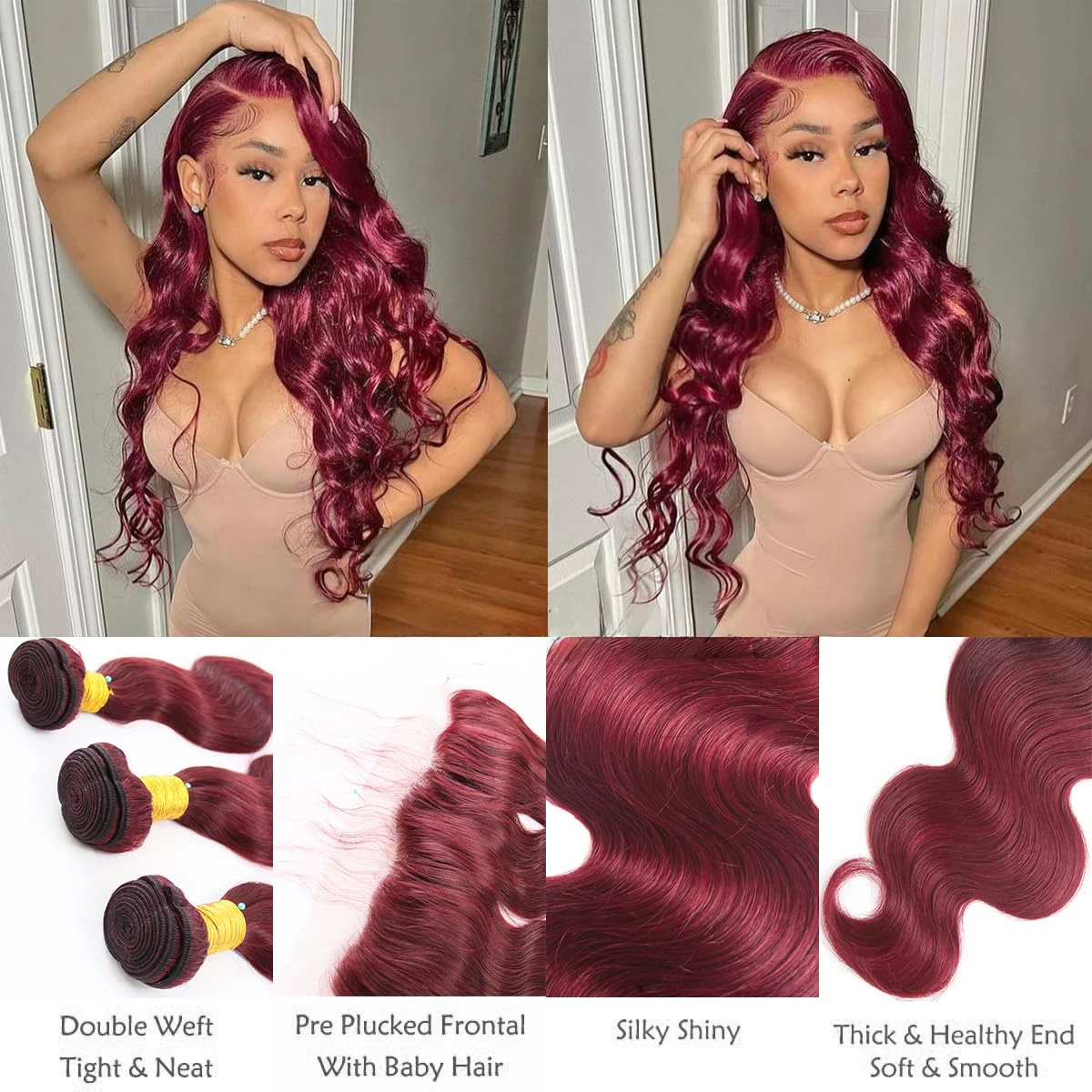 2/3/4 pacotes com destaque frontal da onda corporal Borgonha # 99J cabelo humano 13x4 frente do laço com 3 pacotes de cabelo brasileiro para mulheres