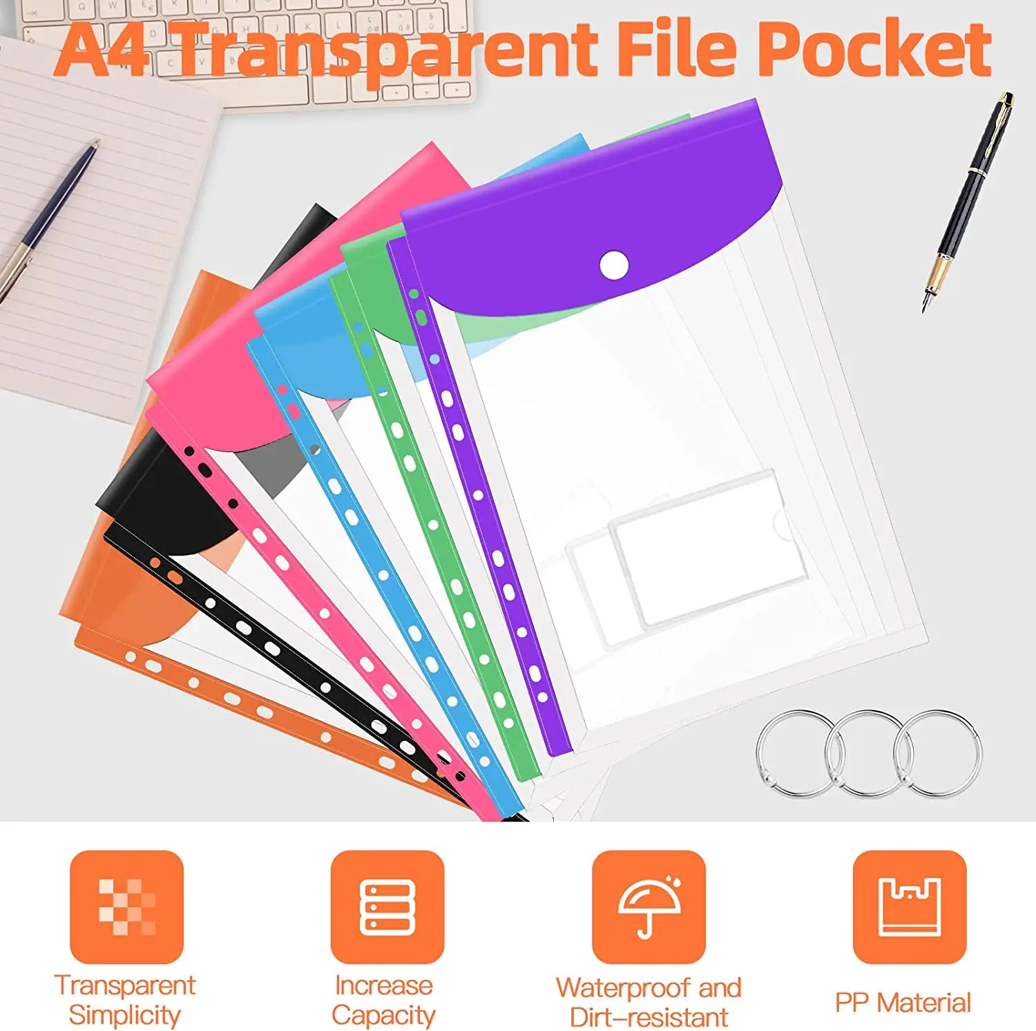 A4 Clear Plastic Punched Pockets with Button Closure for Home Office and School Files 11 Hole Binder Envelopes Folders Organizer