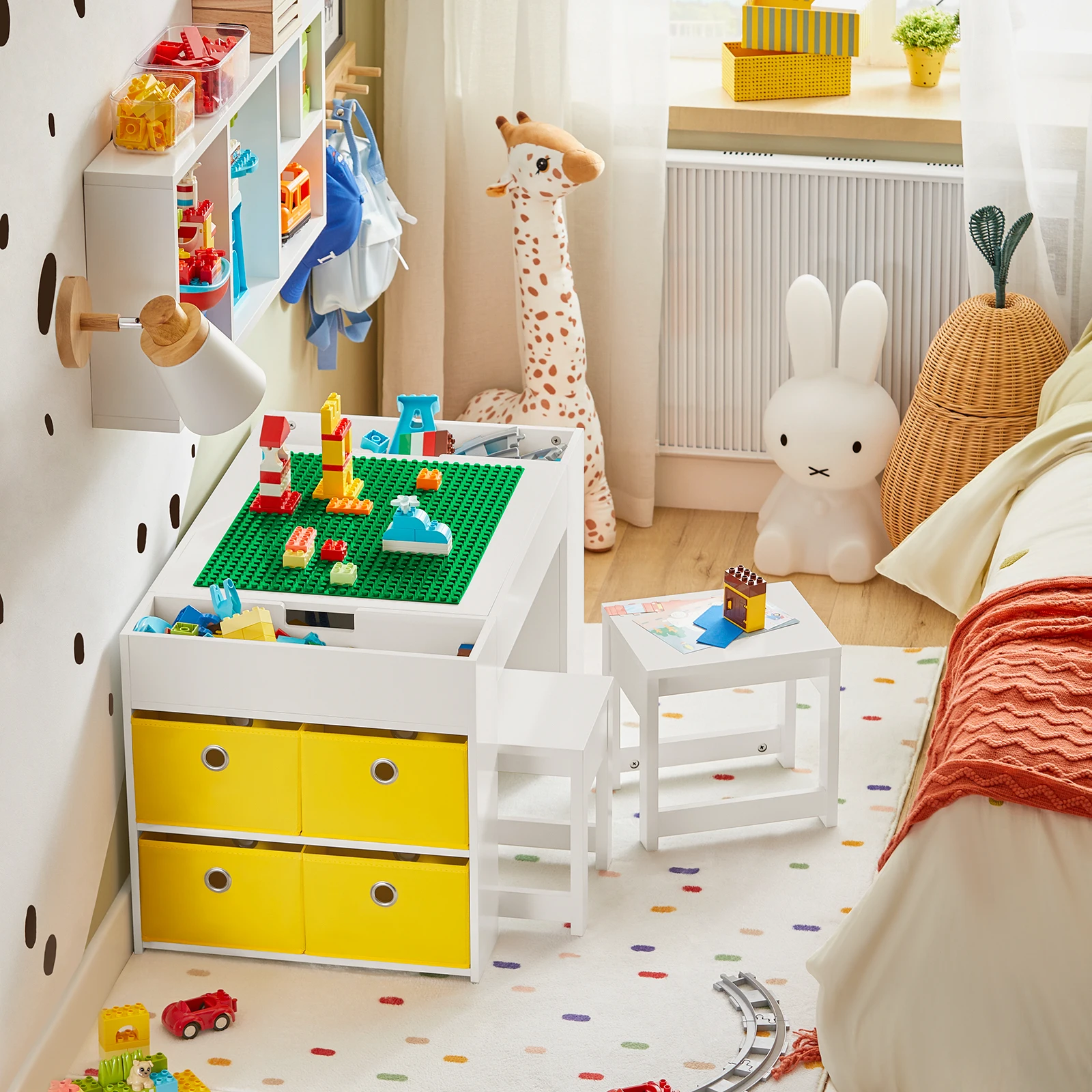 SoBuy KMB75-W Kindertisch mit 2 Stühlen Kindersitzgruppe mit Stauraum multifunktionaler Kindersitzgruppe Kinder Tisch Stuhl Set