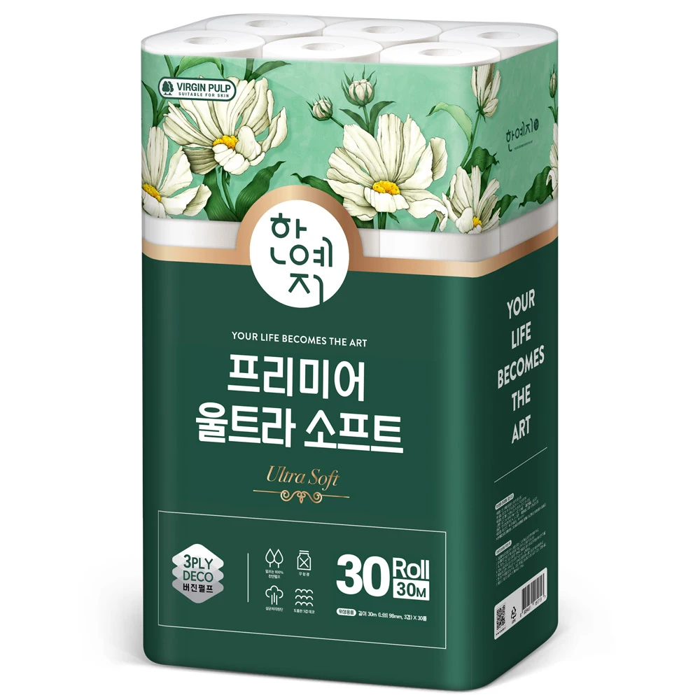 한예지 울트라소프트 3겹 천연펄프 화장지 30m 30롤 1팩