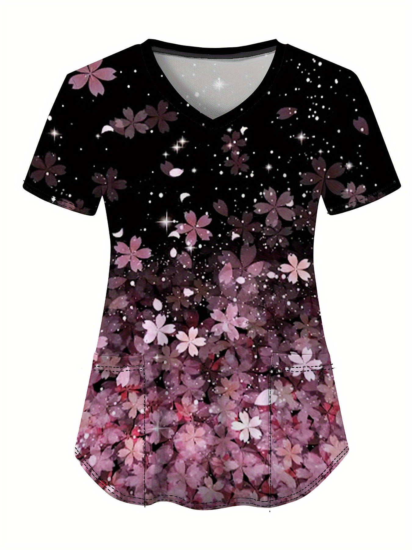 看護服女性の作業服スクラブトップ V ネック 2 つのポケット花柄プリント半袖医療制服ブラウス