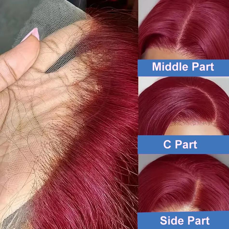 Borgonha Bob peruca com frente de renda transparente, cabelo humano, reto, cor vermelha, 13x4, 200 Densidade, 99J