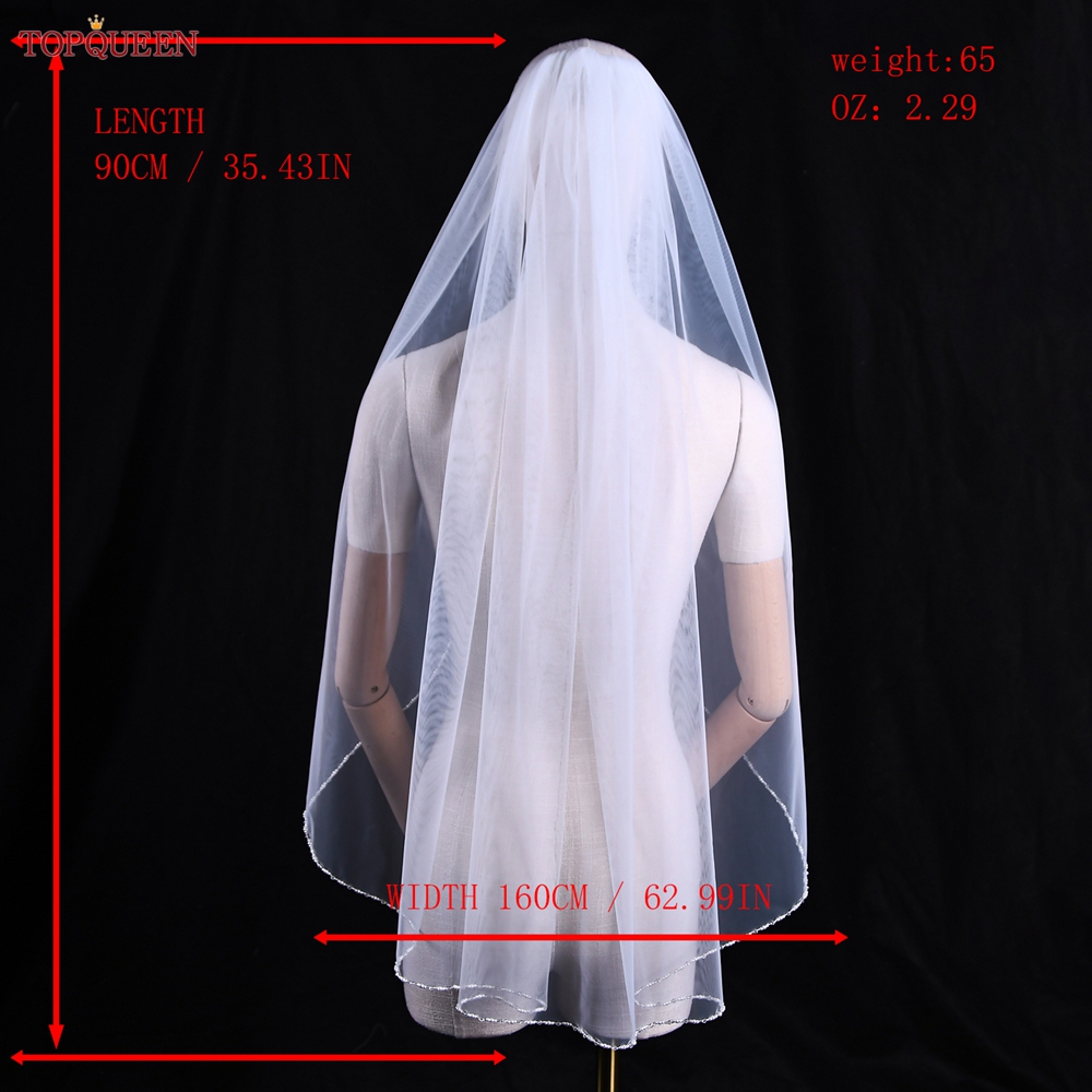 TOPQUEEN V107 Long Bridal Veils Crystal Beaded Wedding Veil With Crystal Edge 1 Tier Super Soft Bride To Be Veil Short