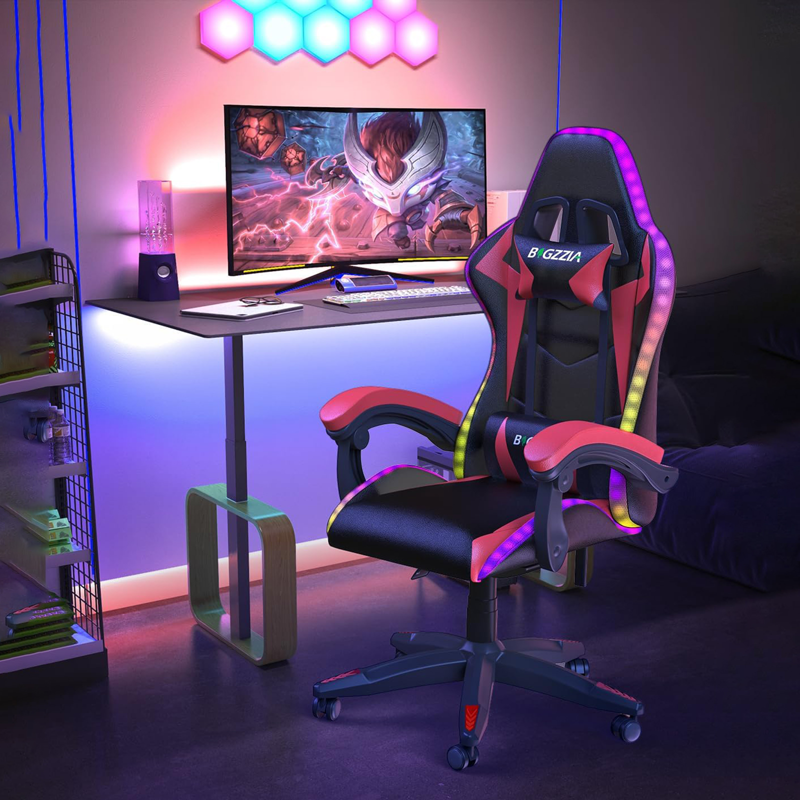Bigzzia Chaise de jeu avec LED RGB Chaises de jeu Chaise PC ergonomique avec appui-tête Chaise de jeu Éclairage lumineux RVB Chaise d'ordinateur