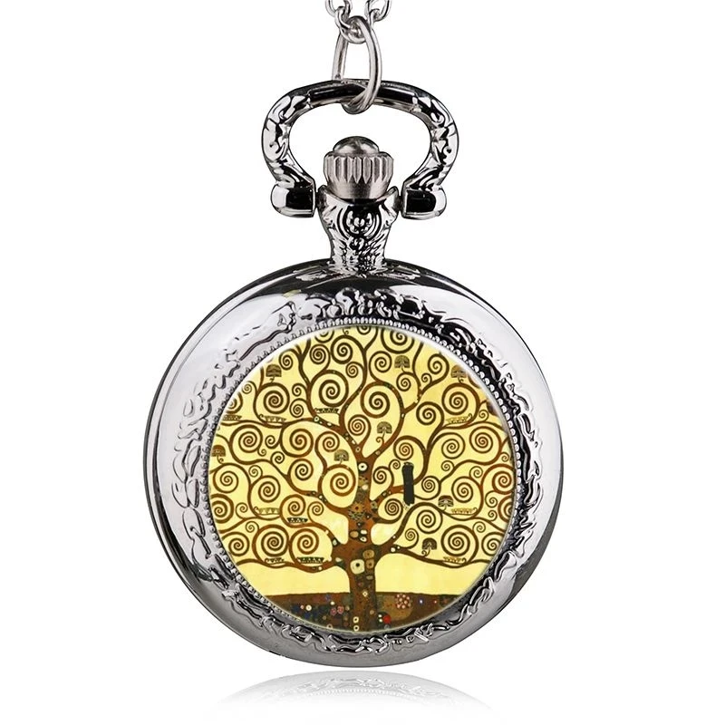 แฟชั่นเงินสแตนเลส Tree Of Life Luminous Quartz สร้อยคอนาฬิกาพ็อกเก็ตผู้หญิงเครื่องประดับจี้