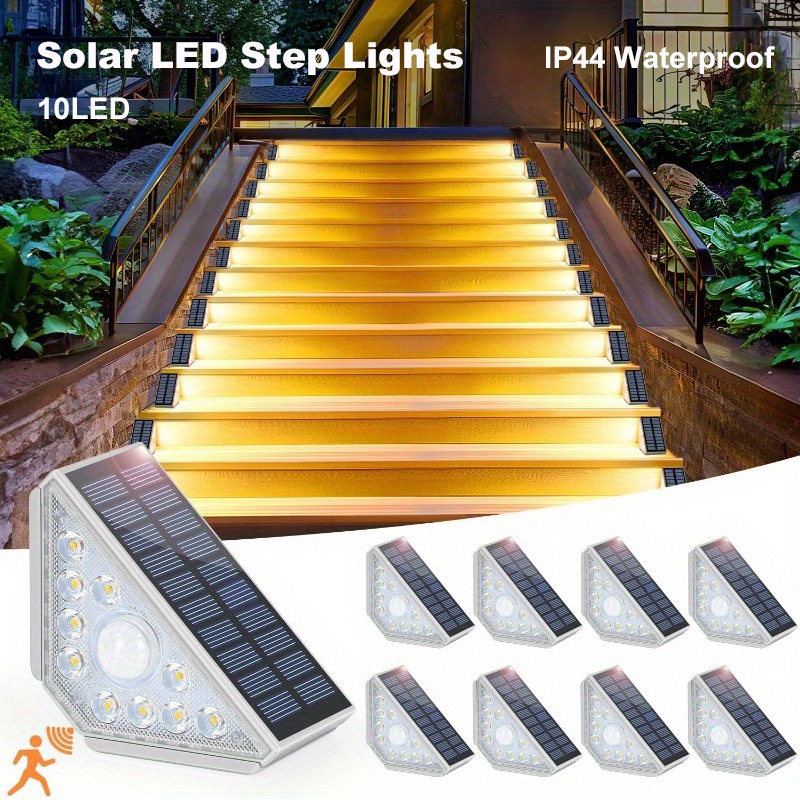 Luces solares para escaleras con Sensor de movimiento, 550LM, superbrillantes, 10LED, luz blanca cálida para escaleras, IP44, resistente al agua para porche, Patio y terraza