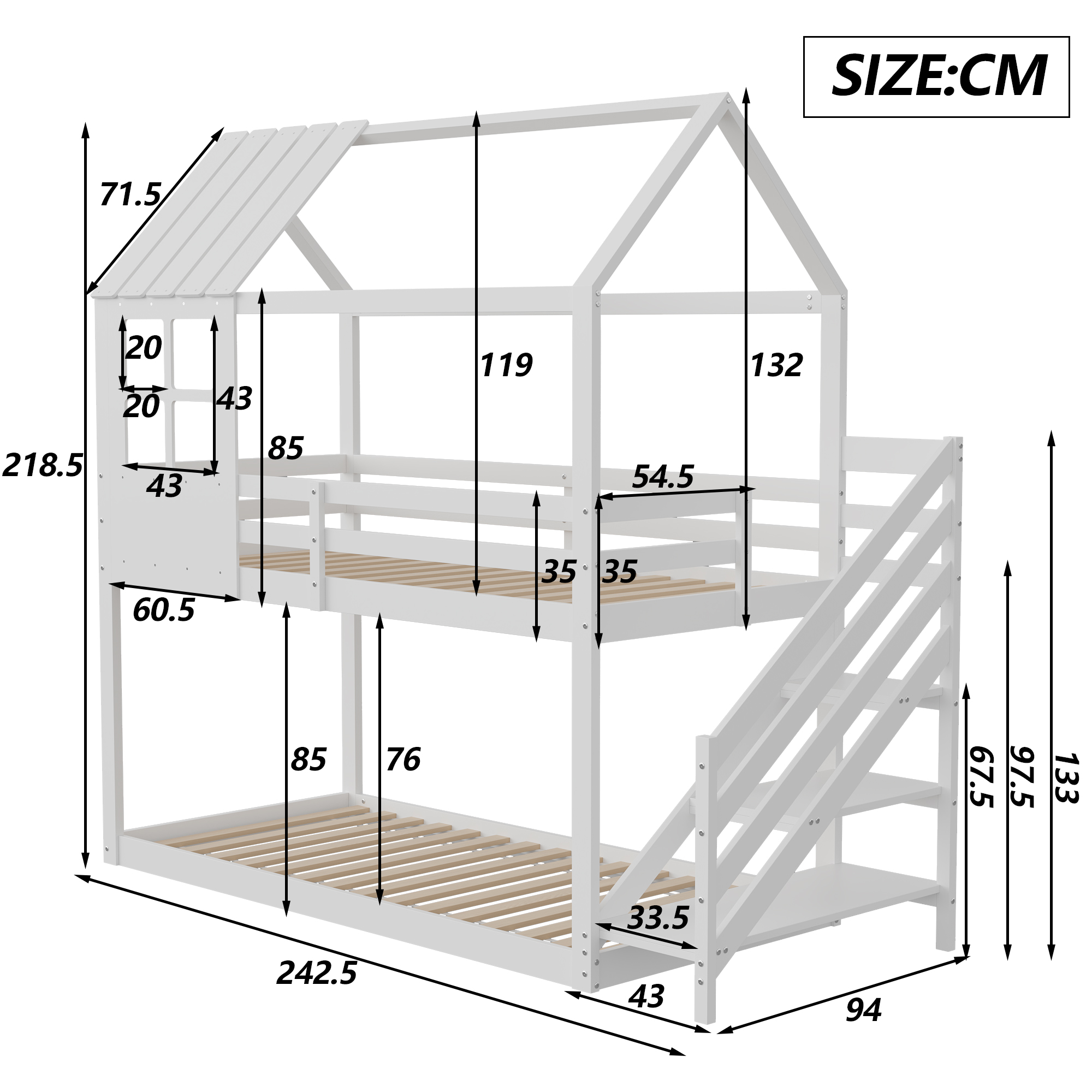 200x90cm Doppelbett, Bett mit Eck treppe, Hausbett, Kinder bett mit Absturz sicherung und Gitter, mit Fenster, Rahmen aus Kiefer