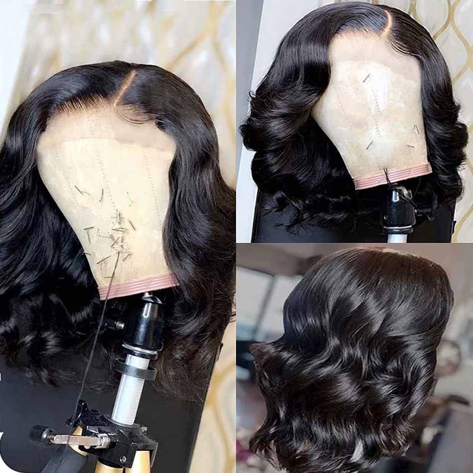 200 % Dichte, gewellt, kurze Bob-Perücke, 13 x 4 Spitze, Echthaar-Perücken, Remy für Frauen, 4 x 4 transparente Spitzenperücke, Wasserwelle, 14 16 Zoll
