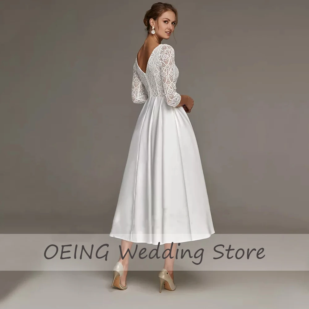 Kurze Hochzeit Kleid Spitze V-ausschnitt 3/4 Ärmeln Midi Hochzeit Kleid 2023 Weiß Satin Tee Länge EINE Linie Einfache Braut kleider für Frauen
