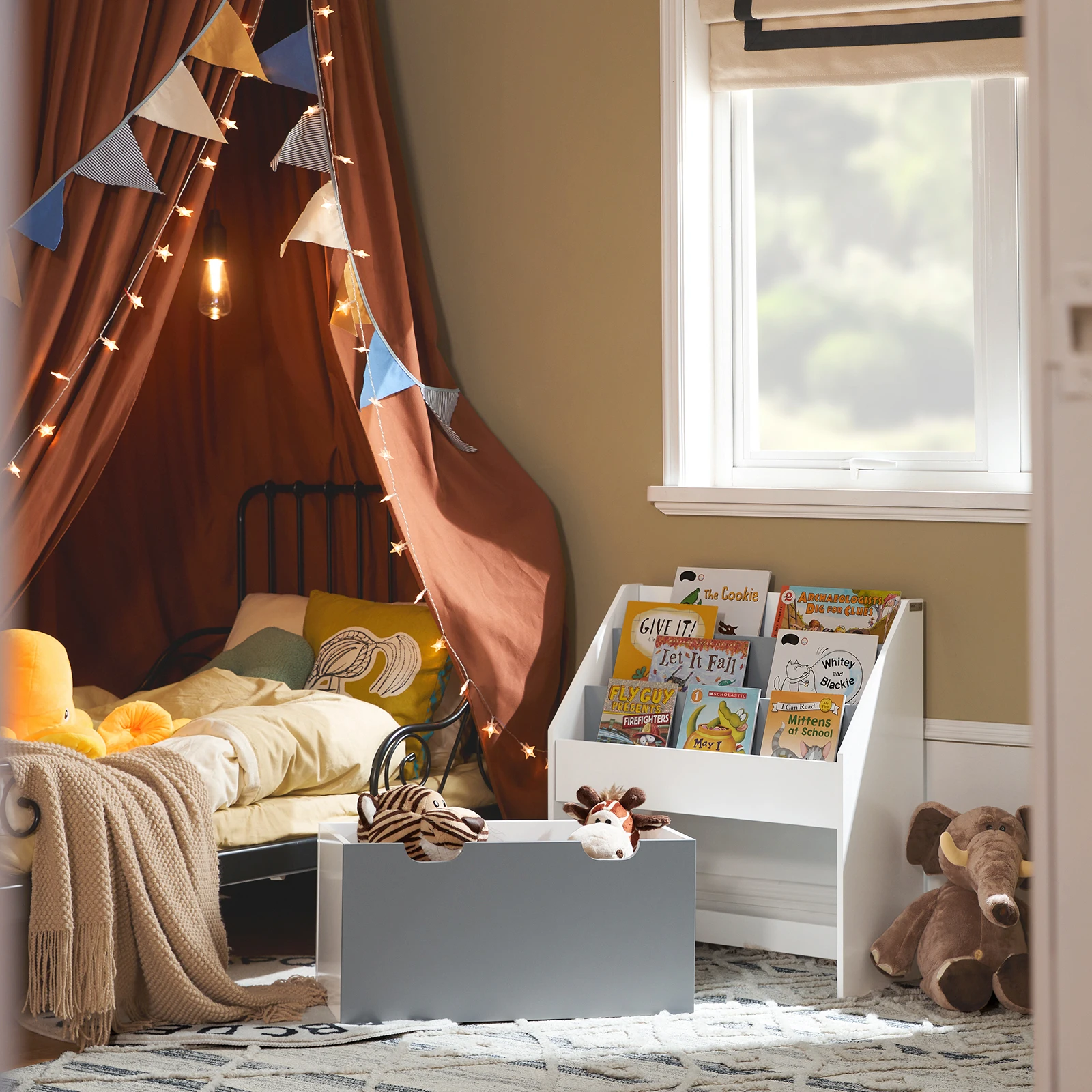 SoBuy KMB17-HG Scaffale per bambini Scaffale per bambini con 3 scomparti portaoggetti e ripiano portaoggetti rimovibile per giocattoli