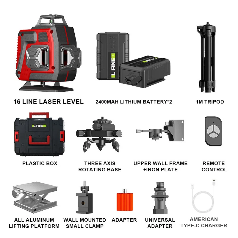 Livello laser professionale 4D a 16 linee automatico 3 °   Palo di fissaggio della linea da parete 360 orizzontale e verticale Super potente Green Beam