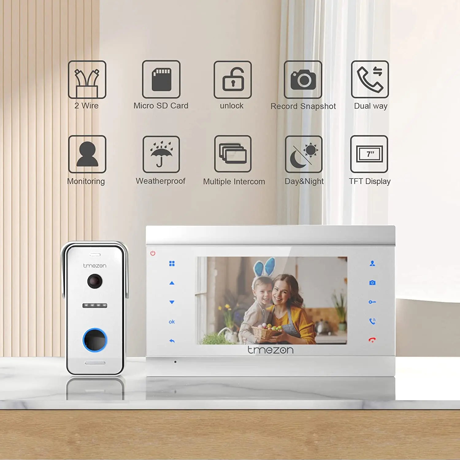 TMEZON Sistema de intercomunicação com campainha de vídeo porteiro de 2 fios, monitor de 7 polegadas com campainha com fio para casa, botão de toque, tirachete/gravação