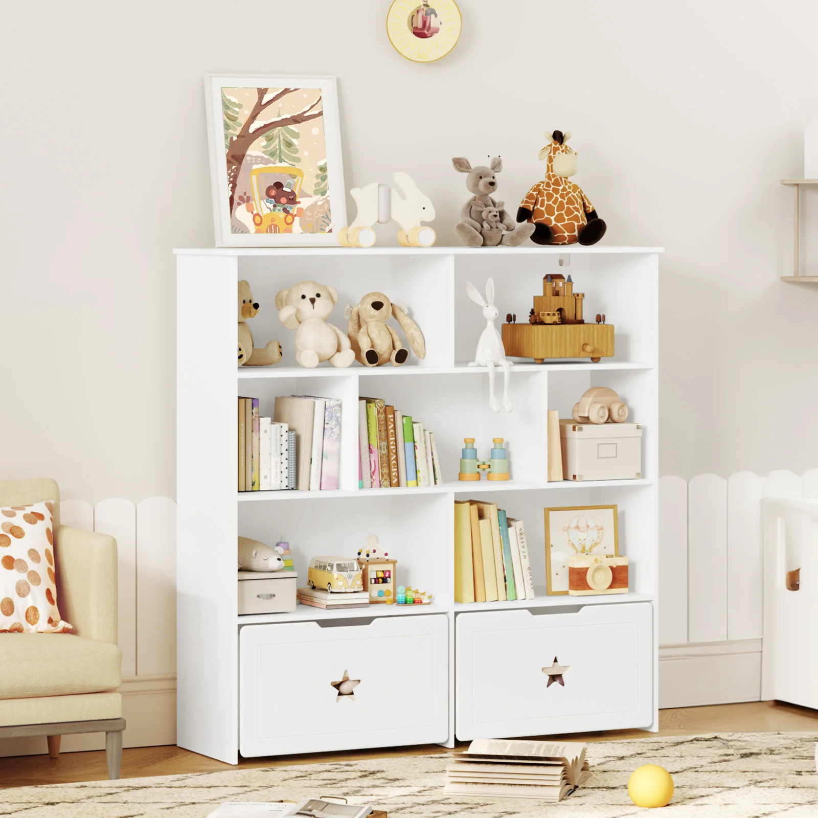 46" Toy Shelf for Kids Rooms,Cute Star Toy Storage Cabinet,Kids Bookshelf,Kids Bookcase with 7 Cubbies & 2 Rolling Drawers