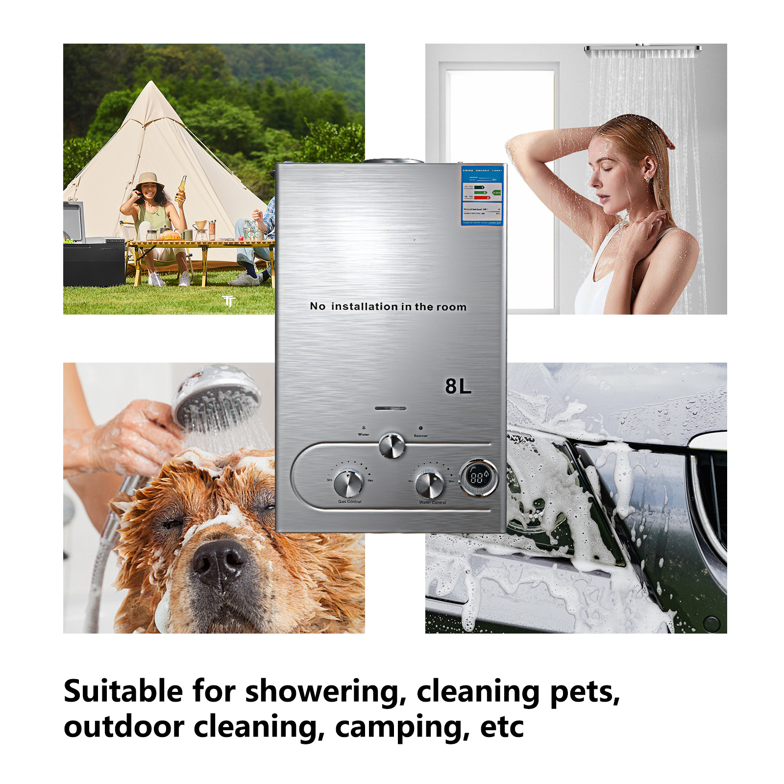 Aquecedor de água portátil sem tanque, 8l/6l lpg, gás propano, montagem na parede, display digital com kit de chuveiro