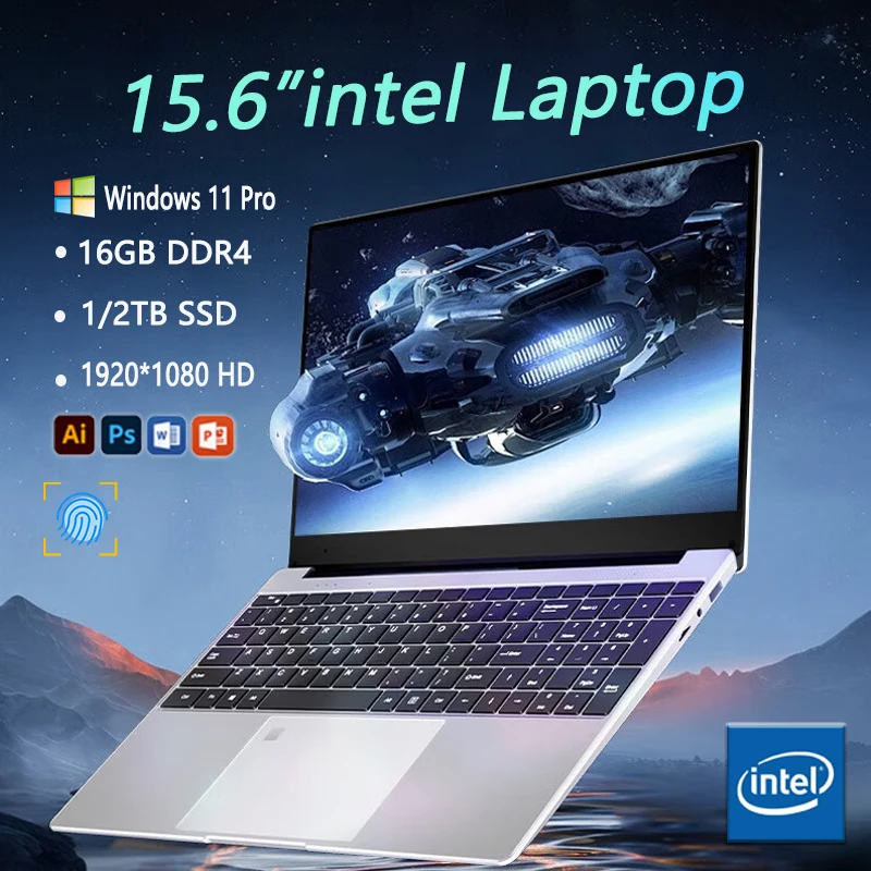 Laptop FUCHU 15.6'' Windows 11 Intel Celeron N4000 16GB RAM 1TB SSD Odblokowanie linii papilarnych Przenośny laptop biznesowy do nauki