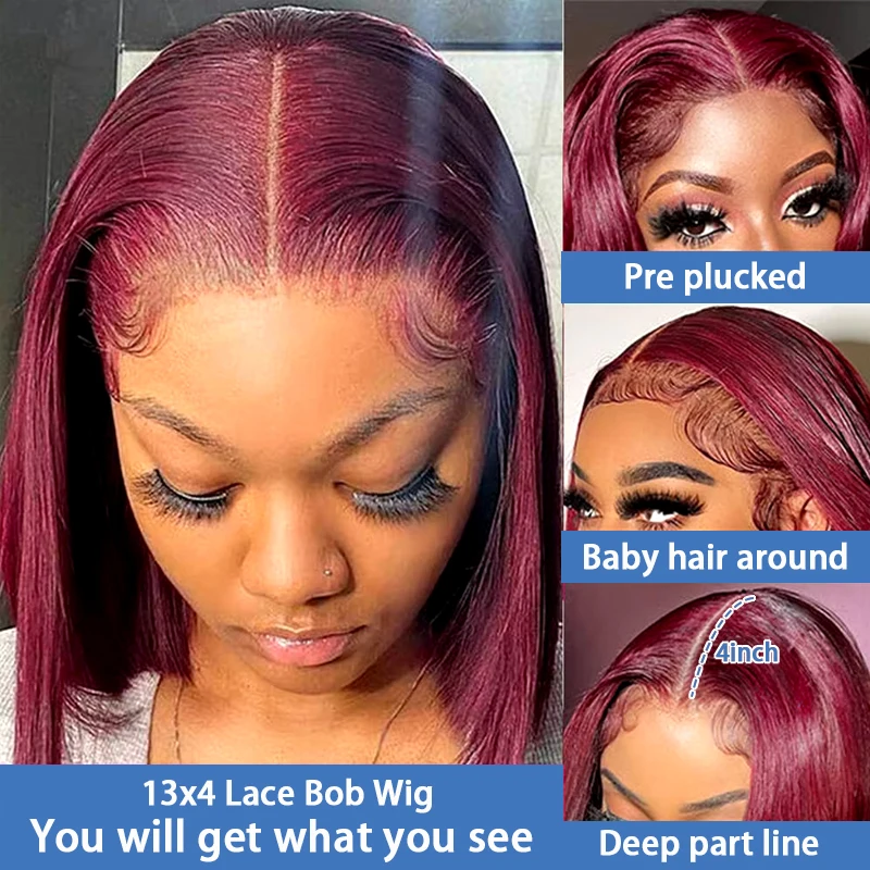 Borgonha Bob peruca com frente de renda transparente, cabelo humano, reto, cor vermelha, 13x4, 200 Densidade, 99J