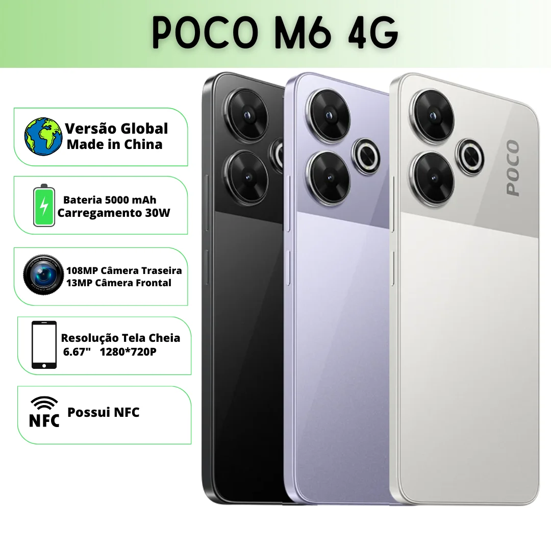 Poco m6 versão global smartphone 128gb/256gb mediatek helio g91 ultra 6.79 ''90hz display 33w carregamento rápido 5030mah 108mp nfc