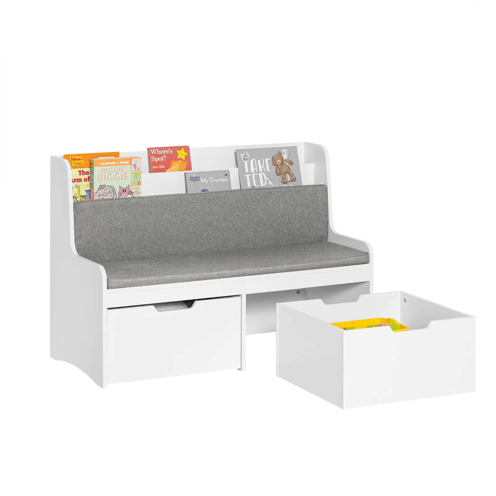 SoBuy KMB66-W panca per bambini con libreria scatola portaoggetti per giocattoli con panca per scarpe a rotelle con cuscino del sedile