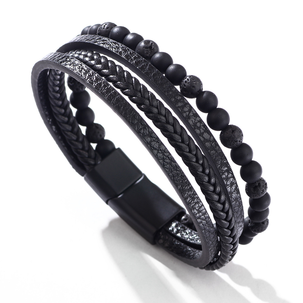 Pulseira masculina vintage de pedra natural lava ônix preto fosco pulseira de couro multicamadas com contas