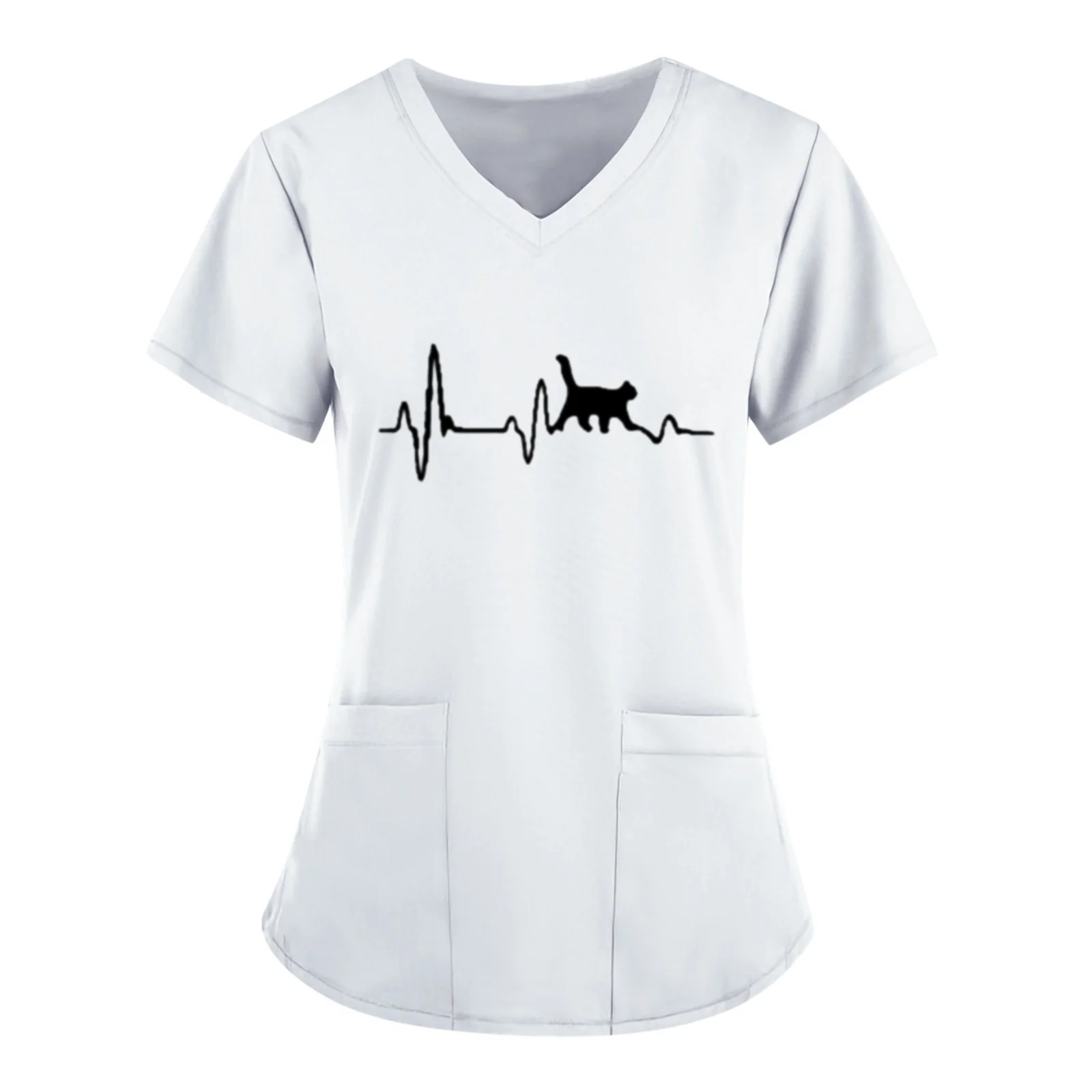 Frauen Peeling Top mit Katze Cartoon Peeling Uniformen V-Ausschnitt dünne Krankenschwester Tops für Frauen Kurzarm T-Shirts Bluse Gesundheitswesen T-Shirt