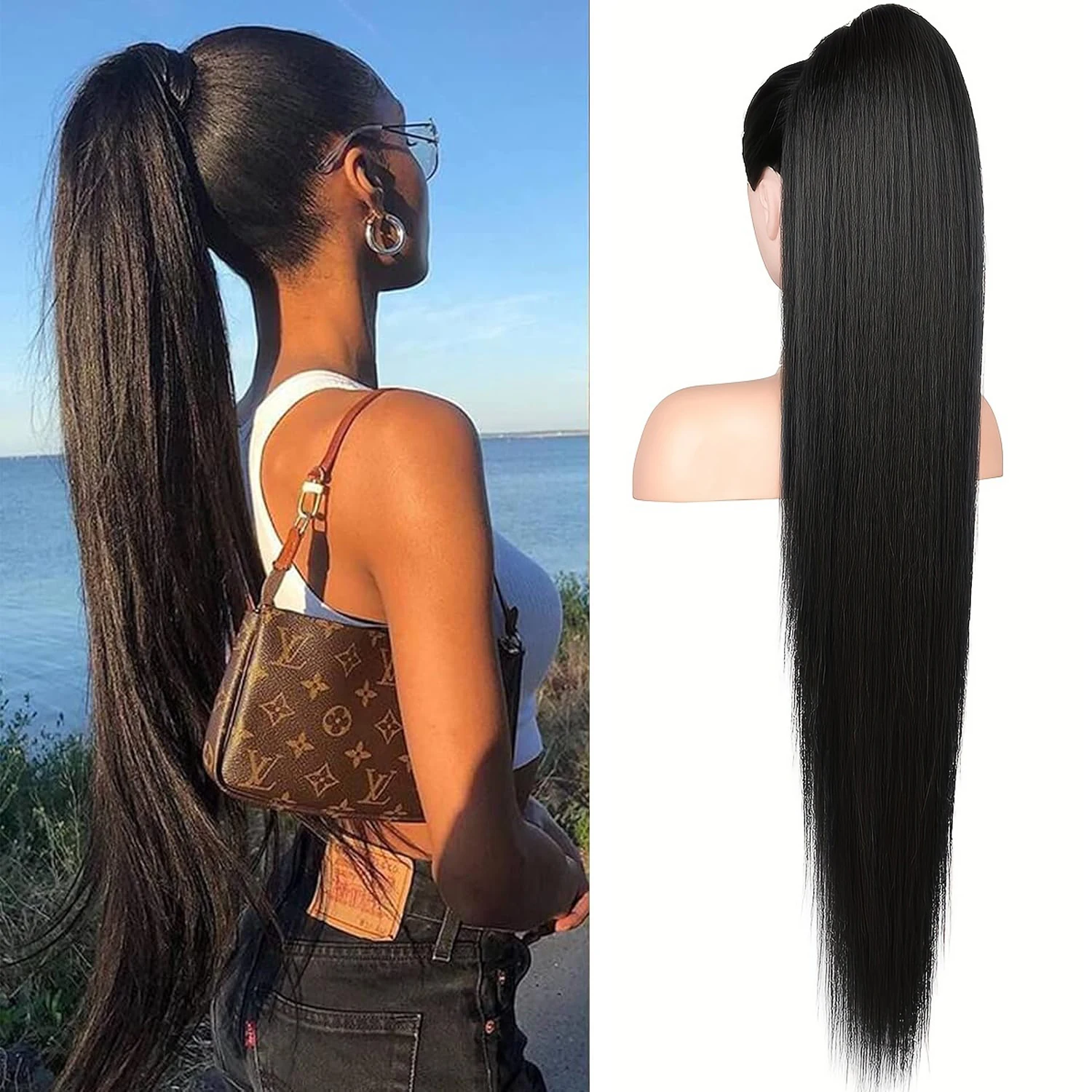 Gerader Pferdeschwanz, Echthaarverlängerung mit Clip-in-Pferdeschwanz mit Kordelzug, glatt, brasilianisches 100 % Echthaar, natürlicher Clip-Pferdeschwanz