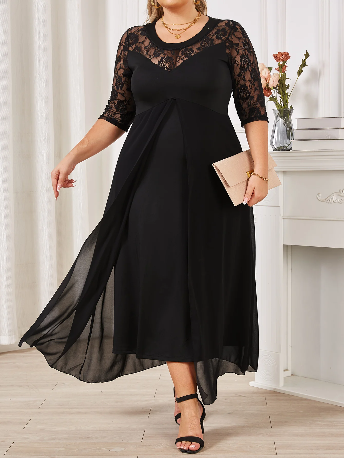 Letnia czarna długa sukienka Kobieca koronkowa patchworkowa prześwitująca seksowna elegancka i ładna sukienka damska Plus Size Odzież damska