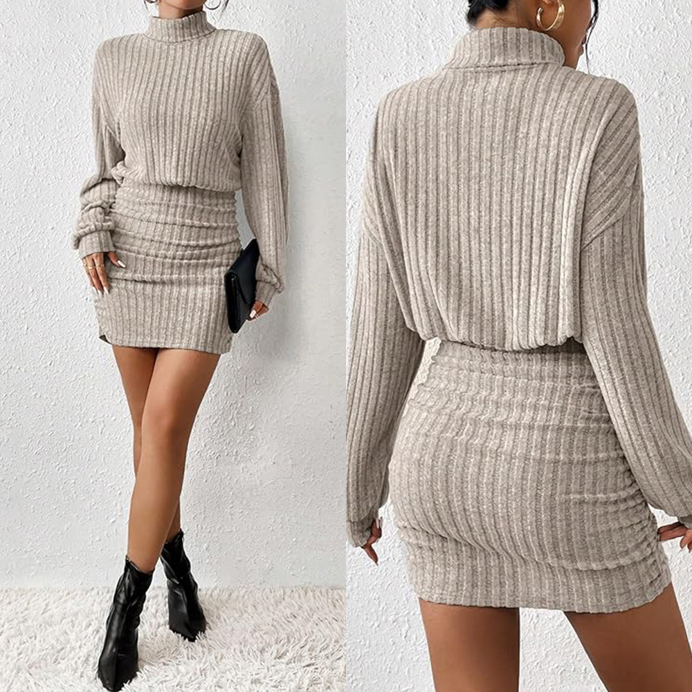 Mia Muse Vestidos de mujer Otoño Invierno Casual Jersey de punto liso Manga larga acampanada Cuello alto Mini vestidos cortos de corte A