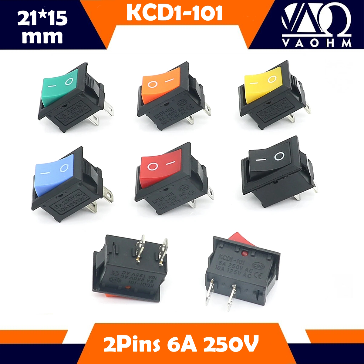 KCD1-101 Ein-Aus-Wipp schalter 2-polig spst Kupfer kontakt 15*21mm 6a 250vac/10a 125vac