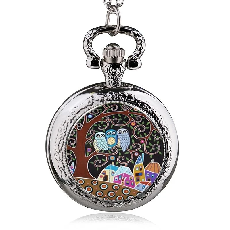 แฟชั่นเงินสแตนเลส Tree Of Life Luminous Quartz สร้อยคอนาฬิกาพ็อกเก็ตผู้หญิงเครื่องประดับจี้